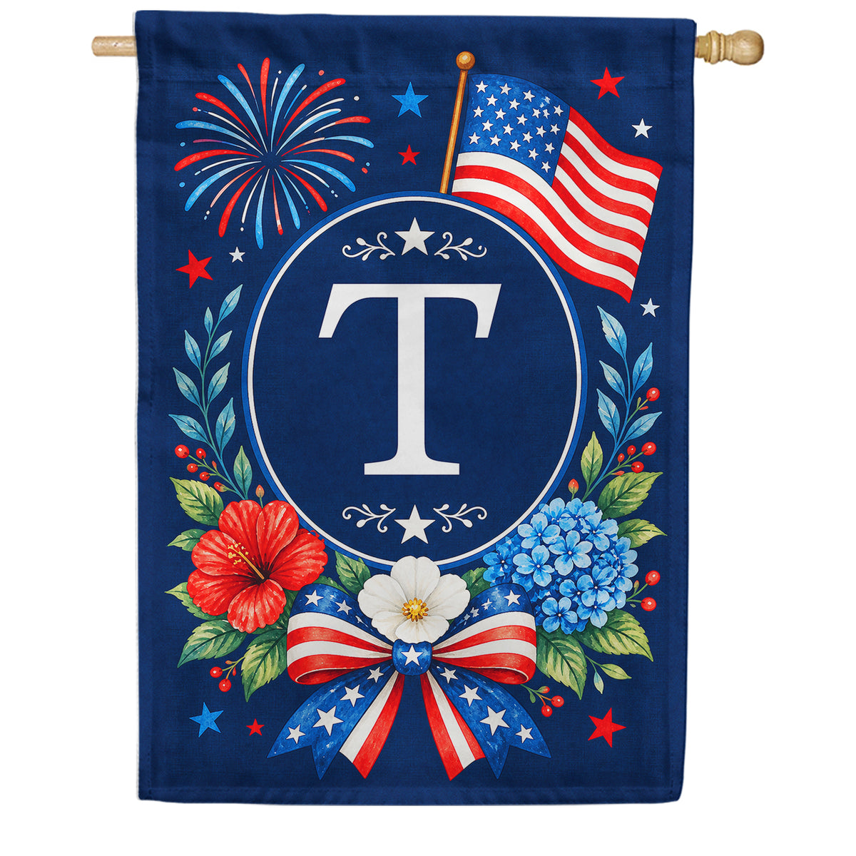 Floral Fireworks Patriotic Monogram House Flag