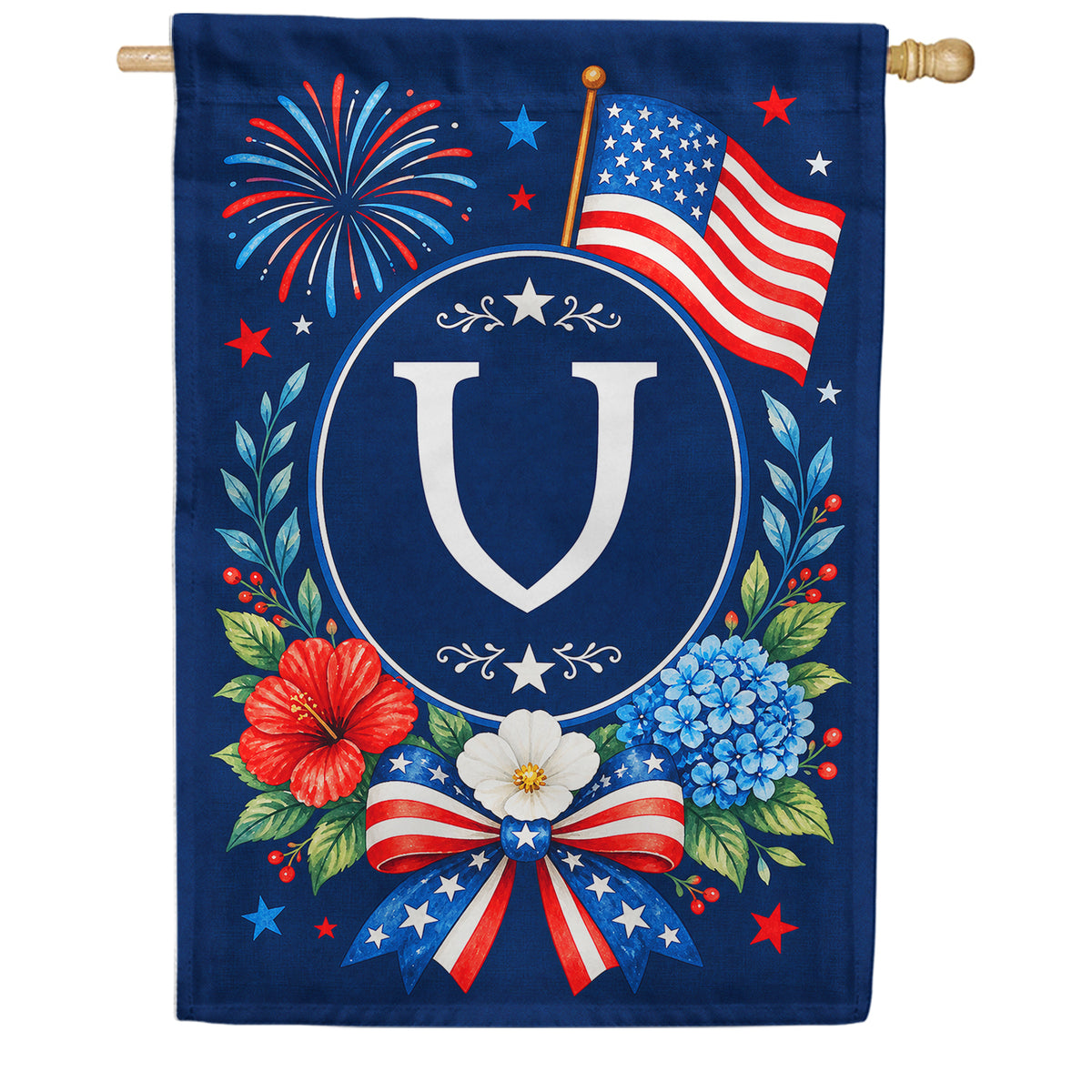 Floral Fireworks Patriotic Monogram House Flag