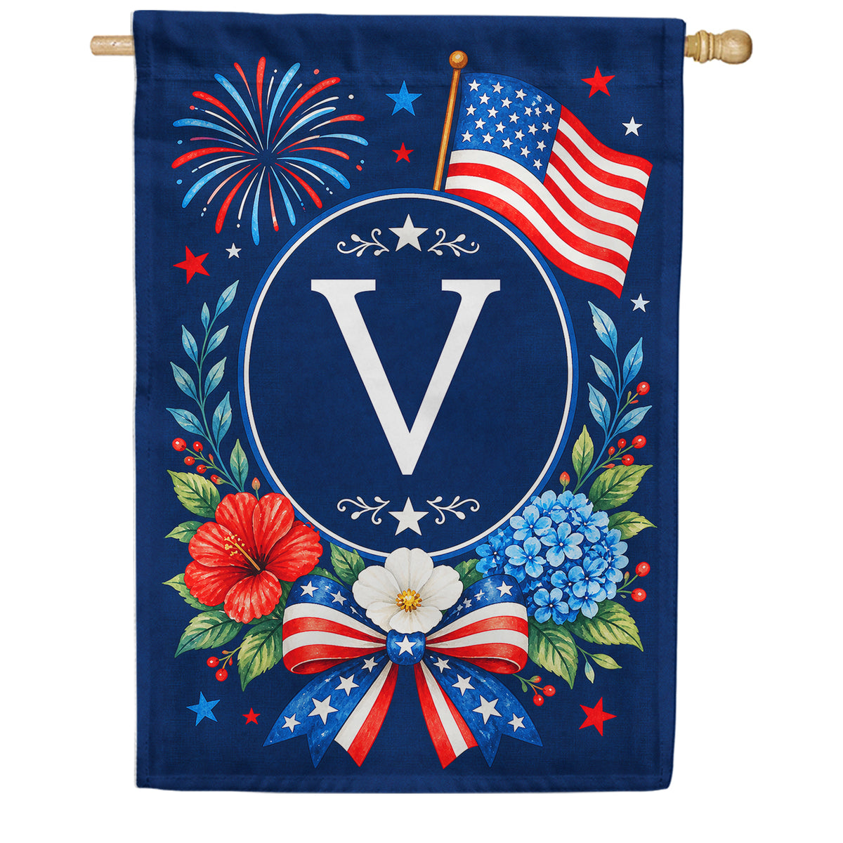Floral Fireworks Patriotic Monogram House Flag