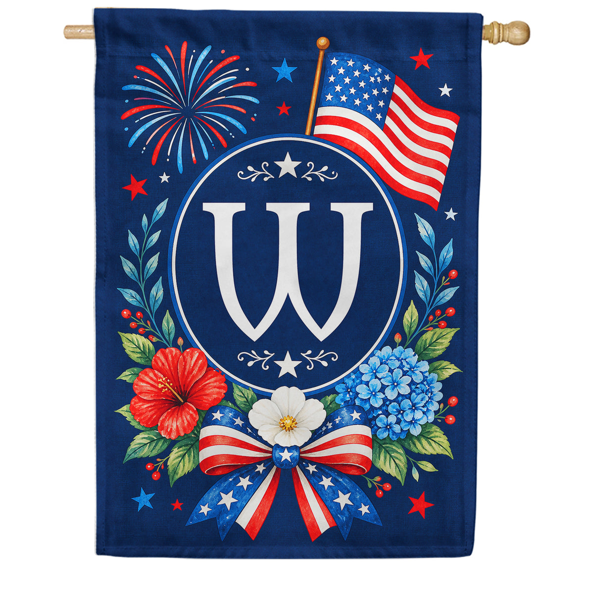 Floral Fireworks Patriotic Monogram House Flag