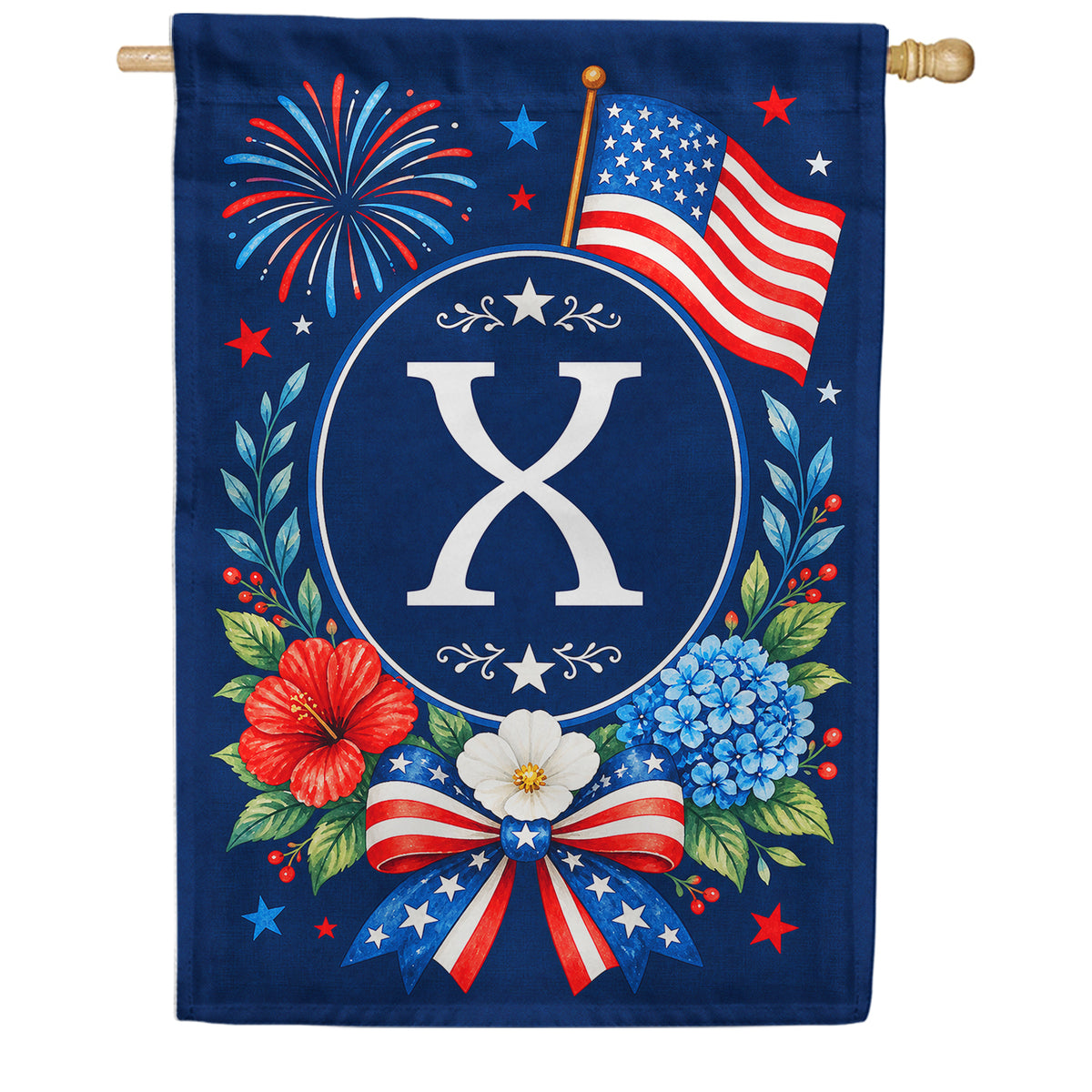 Floral Fireworks Patriotic Monogram House Flag