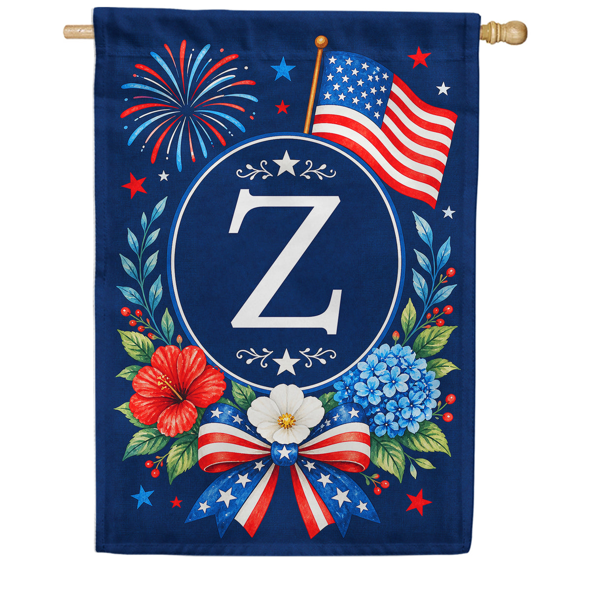 Floral Fireworks Patriotic Monogram House Flag