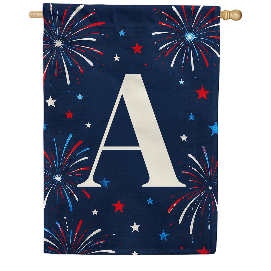 Patriotic Blue Gingham Monogram Double Sided House Flag