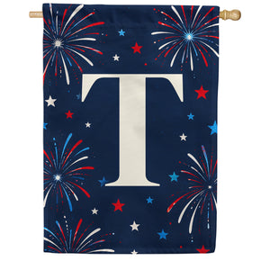 Patriotic Blue Gingham Monogram Double Sided House Flag