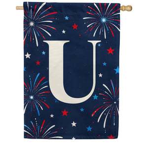 Patriotic Blue Gingham Monogram Double Sided House Flag