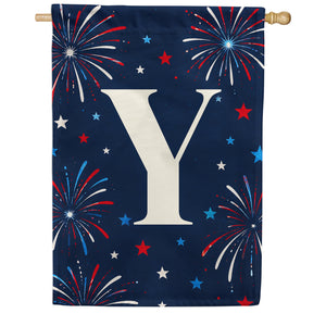 Patriotic Blue Gingham Monogram Double Sided House Flag