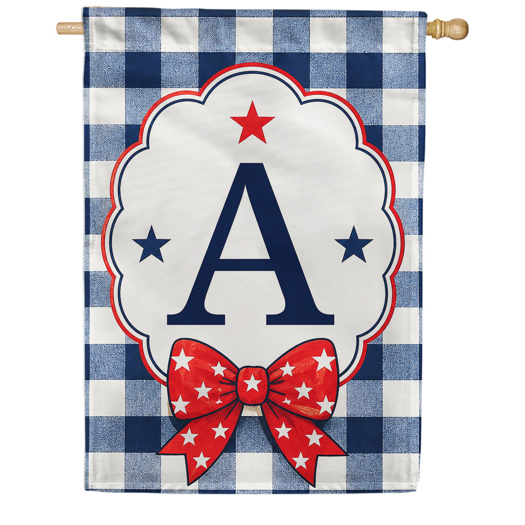Patriotic Blue Gingham Monogram Double Sided HouseFlag