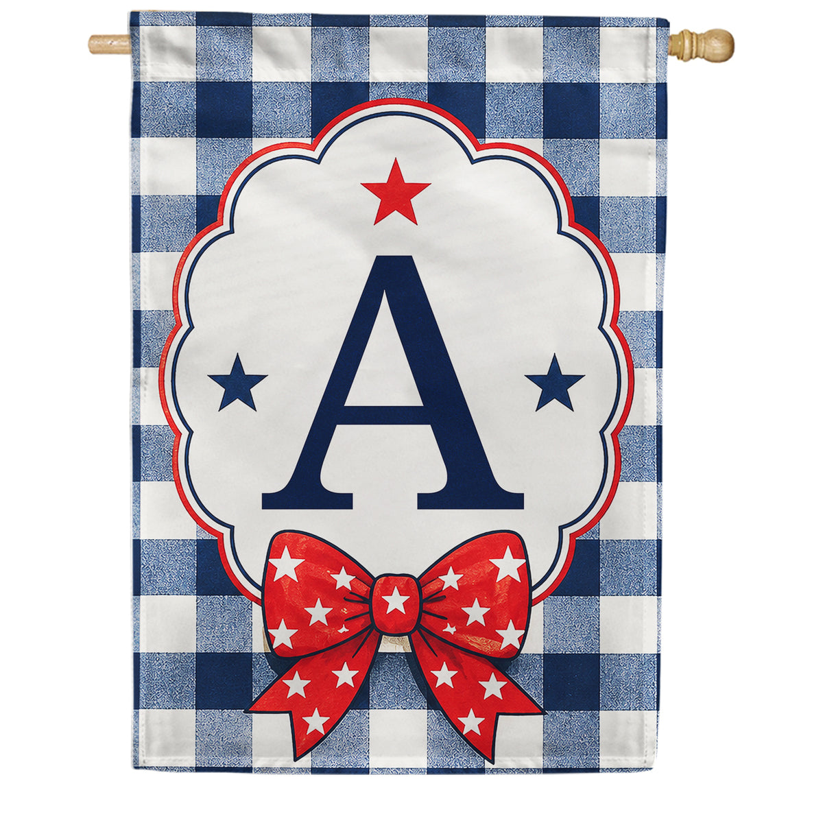 Patriotic Blue Gingham Monogram Double Sided HouseFlag