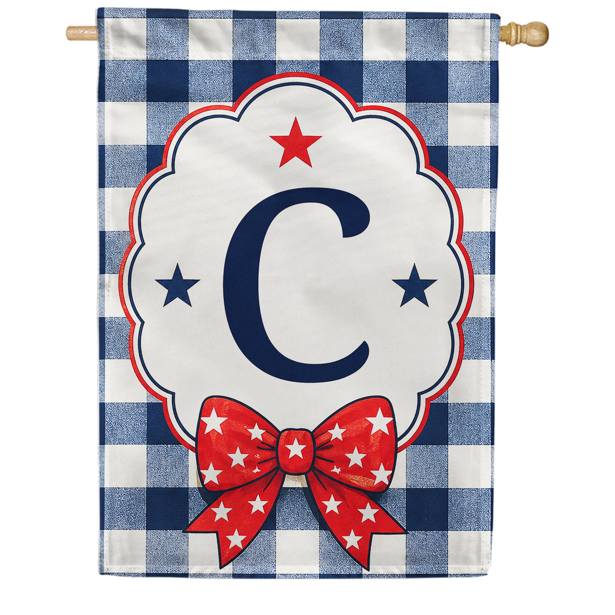 Patriotic Blue Gingham Monogram Double Sided HouseFlag