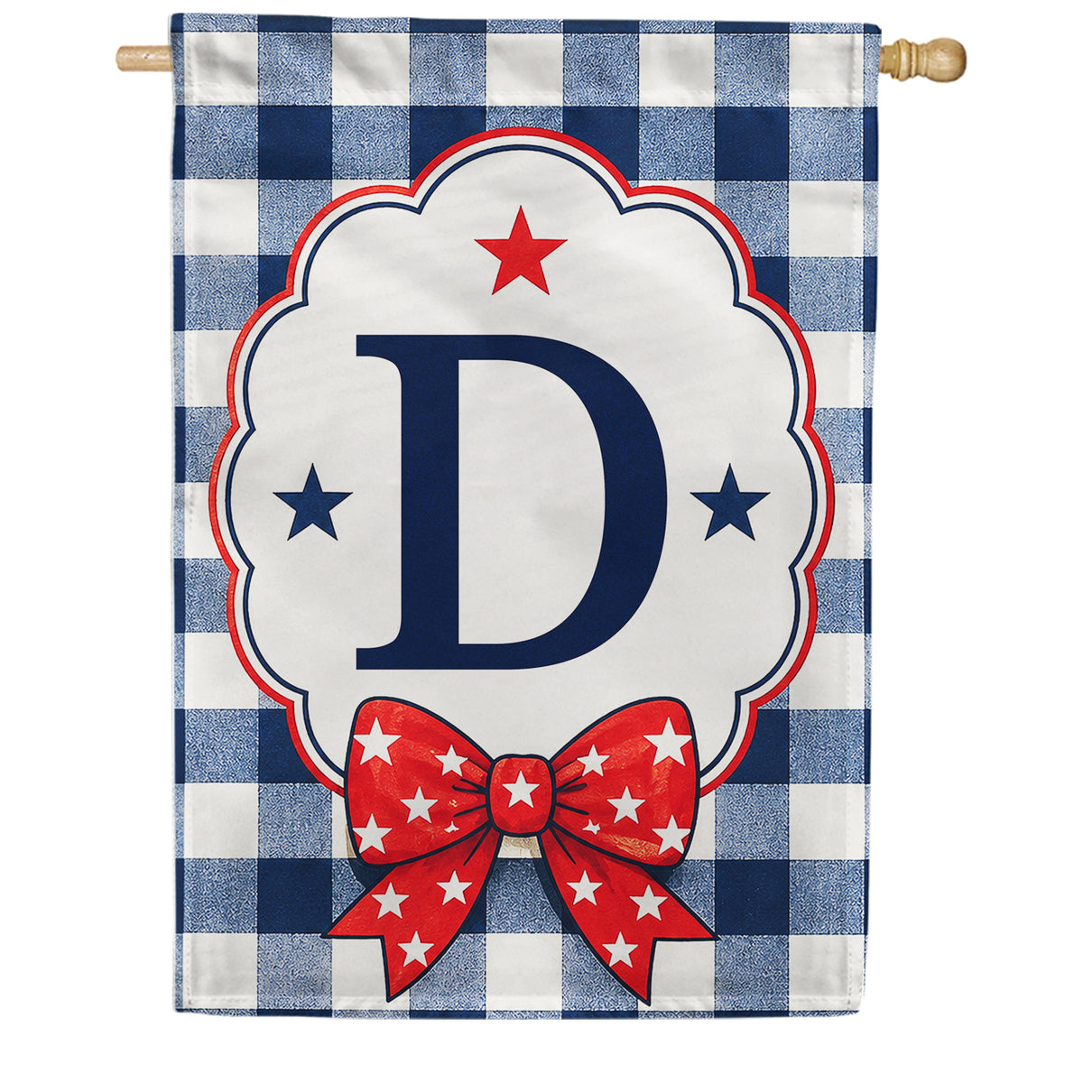Patriotic Blue Gingham Monogram Double Sided HouseFlag