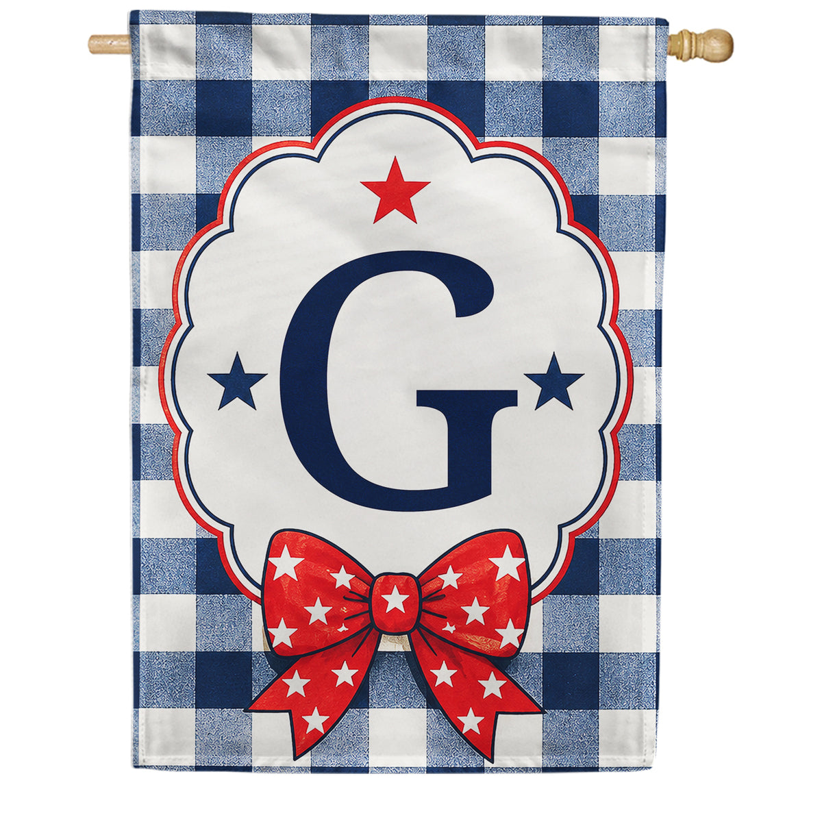 Patriotic Blue Gingham Monogram Double Sided HouseFlag