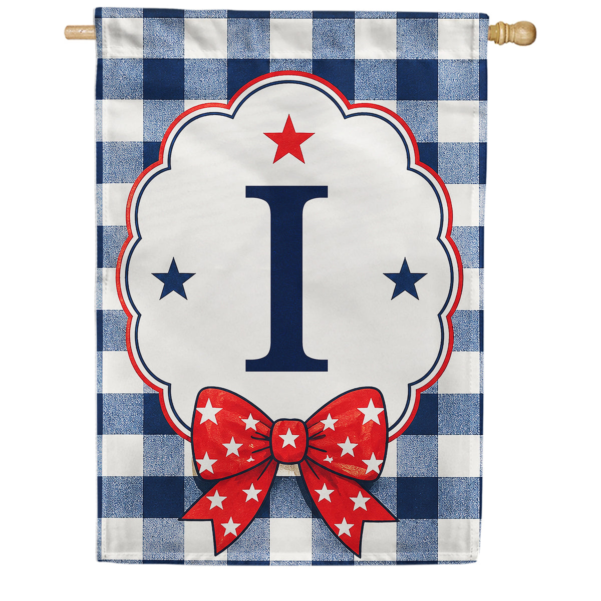 Patriotic Blue Gingham Monogram Double Sided HouseFlag
