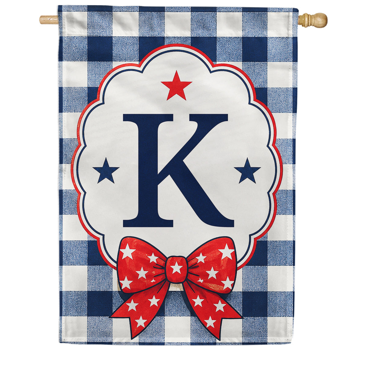 Patriotic Blue Gingham Monogram Double Sided HouseFlag