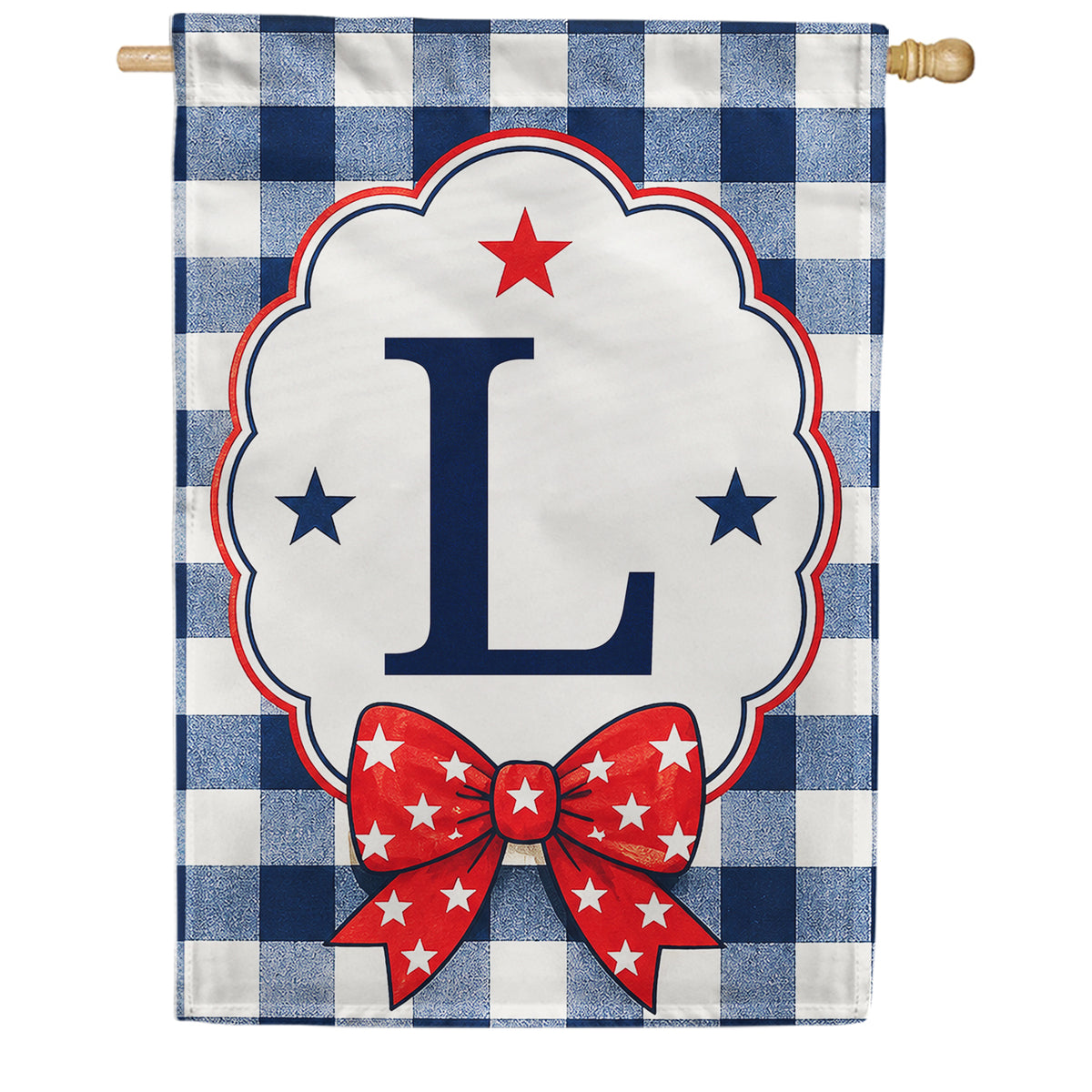 Patriotic Blue Gingham Monogram Double Sided HouseFlag