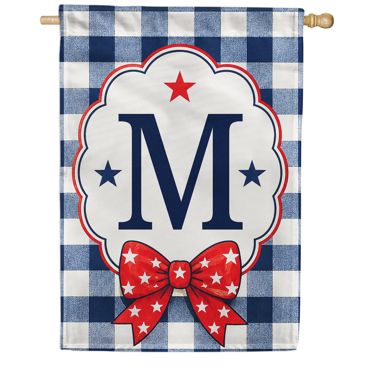 Patriotic Blue Gingham Monogram Double Sided HouseFlag