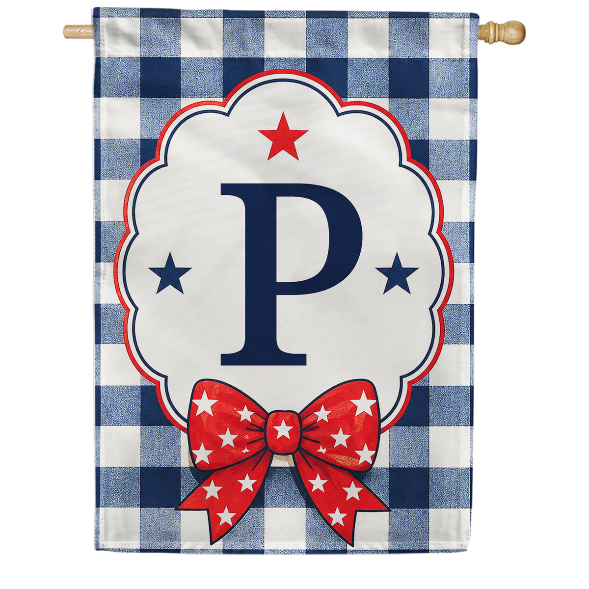 Patriotic Blue Gingham Monogram Double Sided HouseFlag