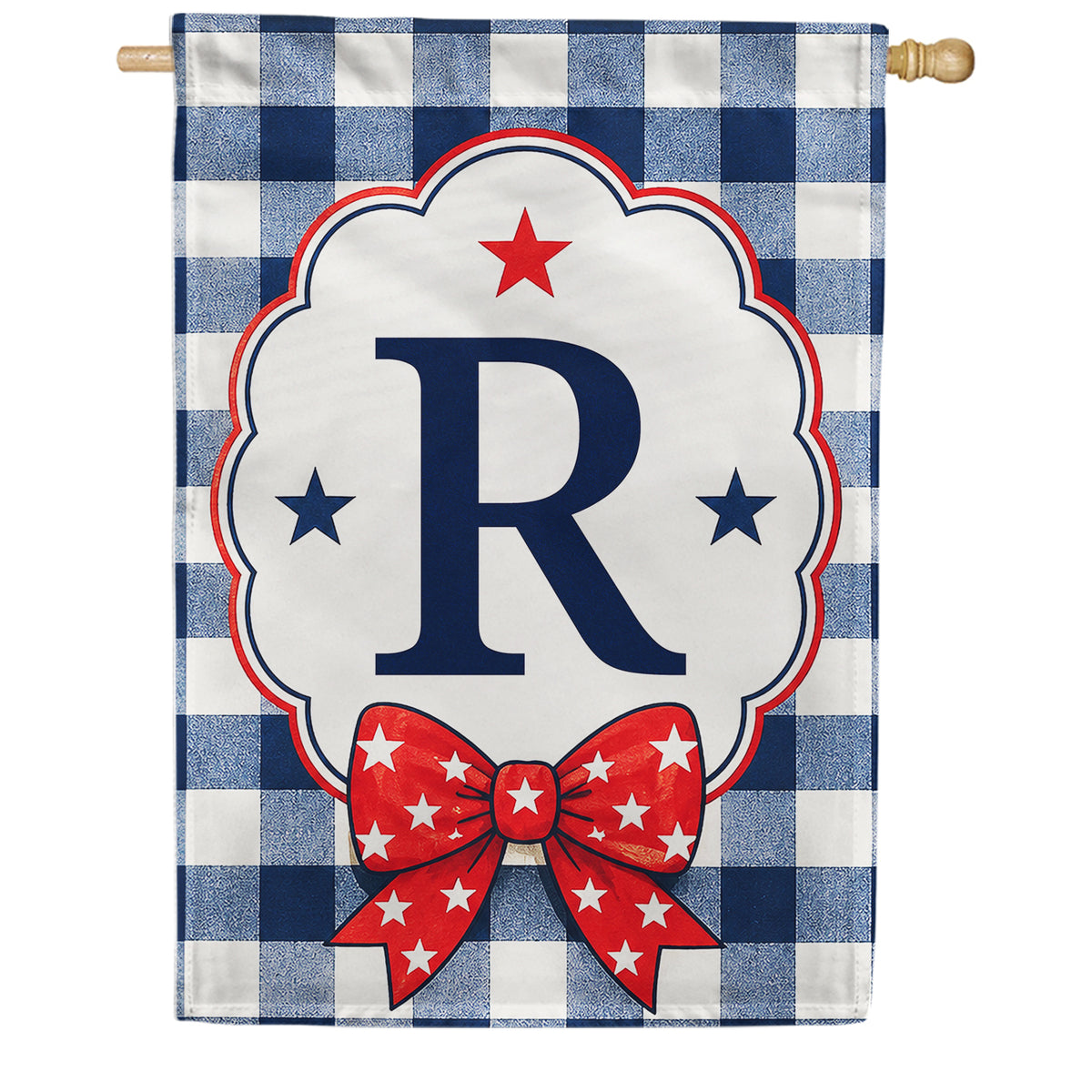 Patriotic Blue Gingham Monogram Double Sided HouseFlag