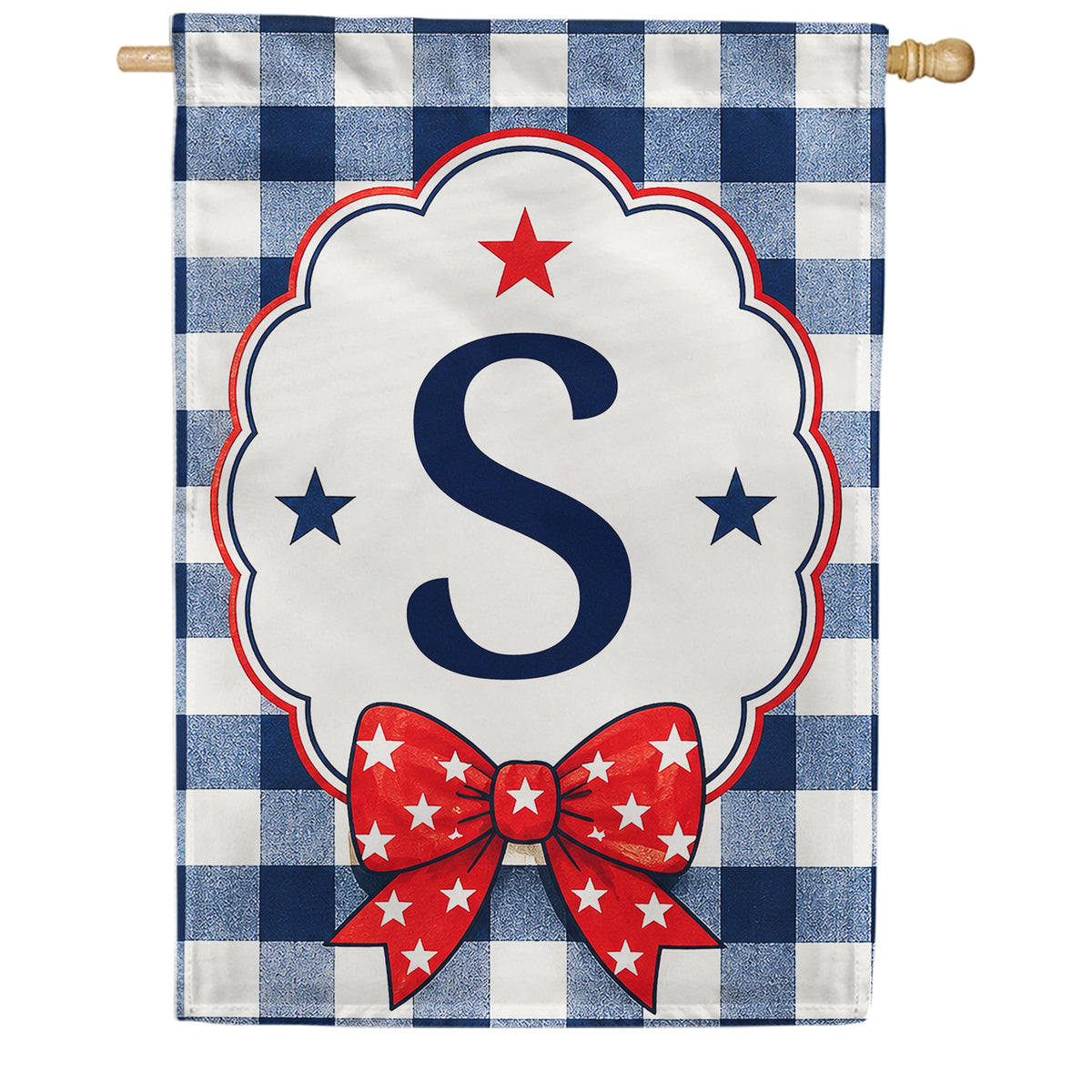 Patriotic Blue Gingham Monogram Double Sided HouseFlag