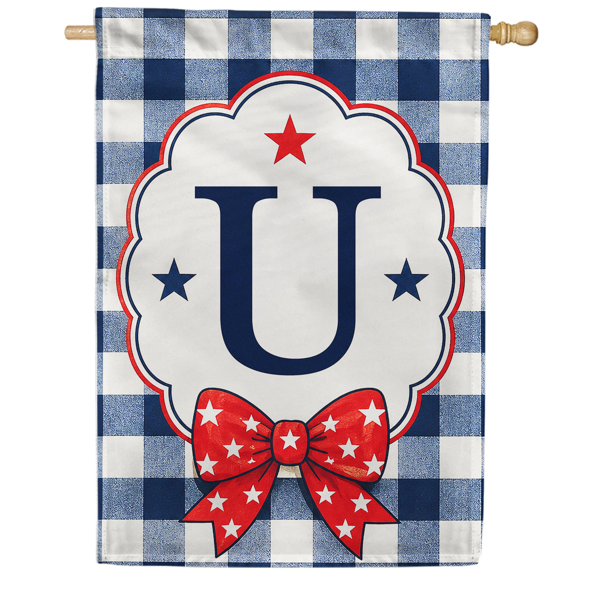 Patriotic Blue Gingham Monogram Double Sided HouseFlag