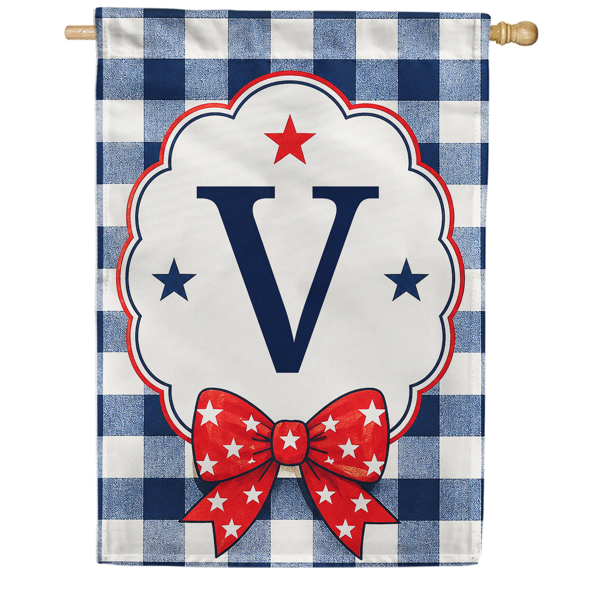 Patriotic Blue Gingham Monogram Double Sided HouseFlag