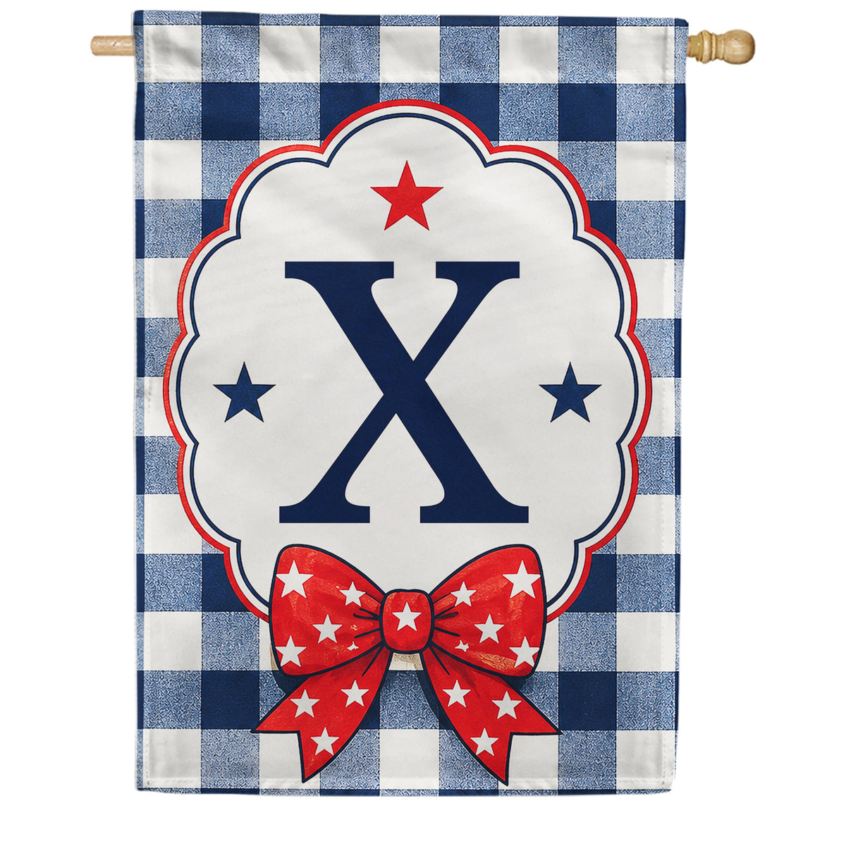 Patriotic Blue Gingham Monogram Double Sided HouseFlag