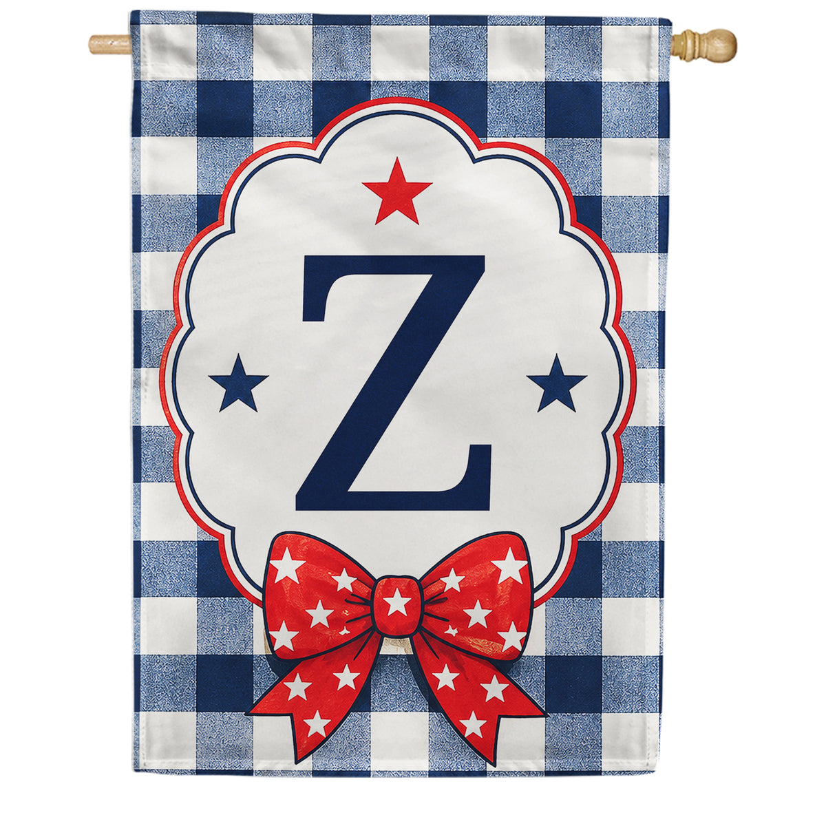 Patriotic Blue Gingham Monogram Double Sided HouseFlag