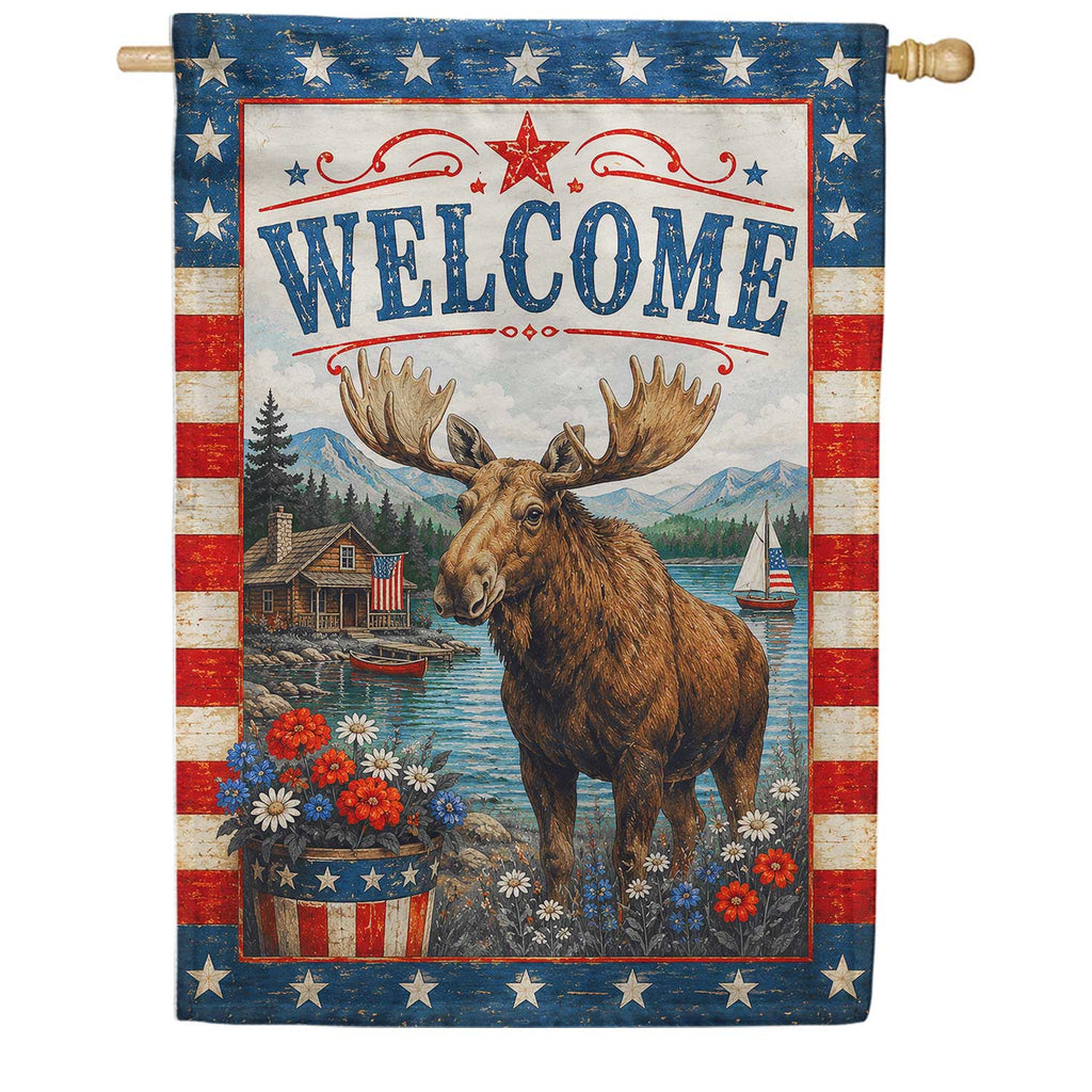 Patriotic Moose Welcome Lakeside Americana House Flag