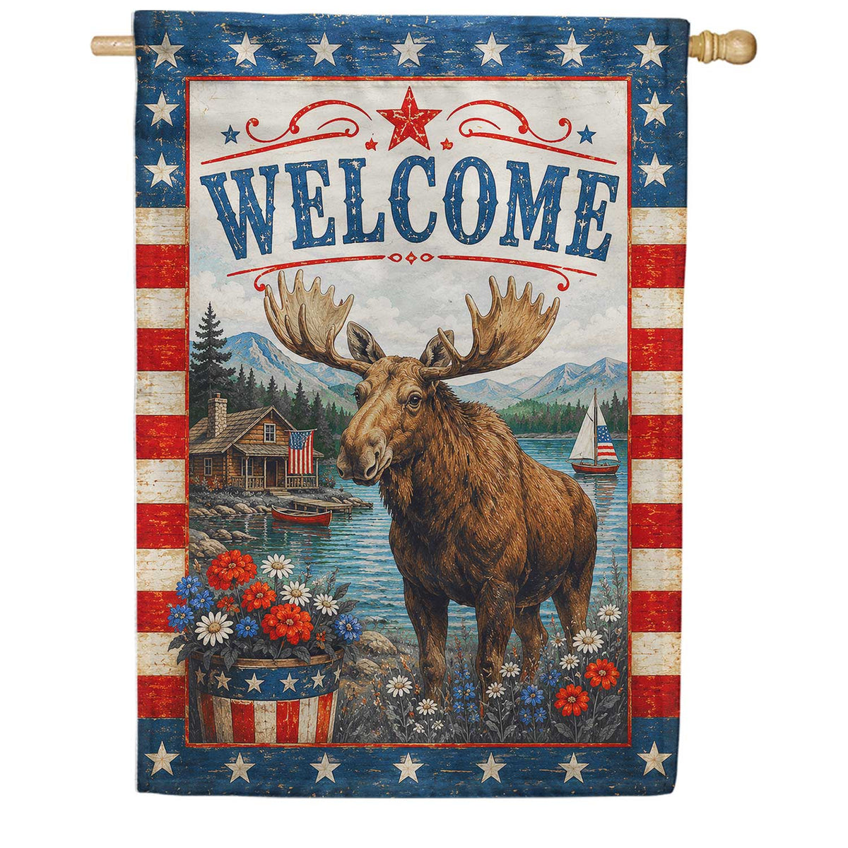 Patriotic Moose Welcome Lakeside Americana House Flag