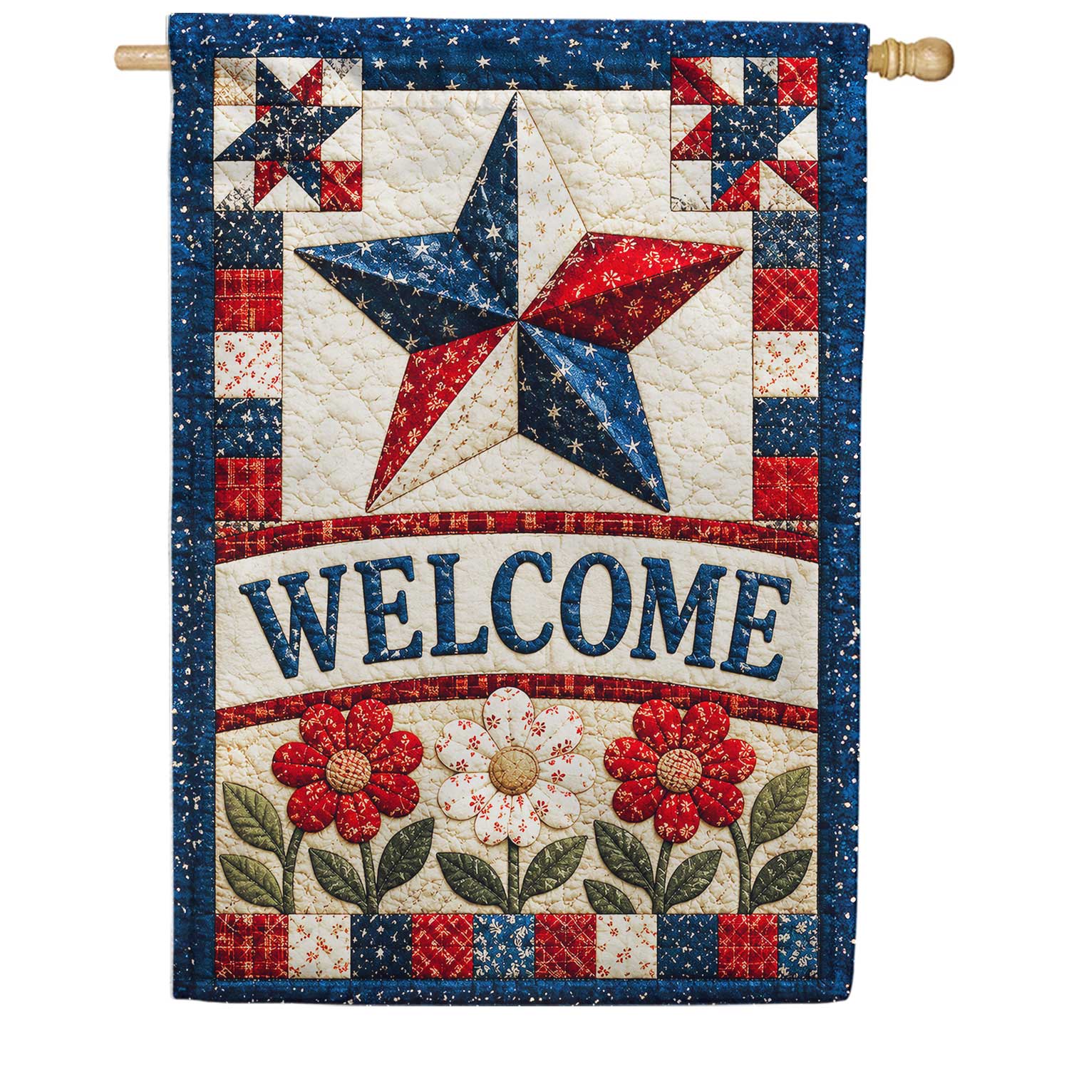 Patriotic Quilted Star Welcome Floral Design House Flag