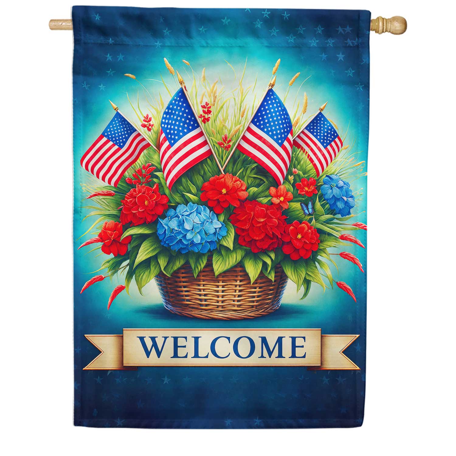 Patriotic Flower Basket Welcome House Flag