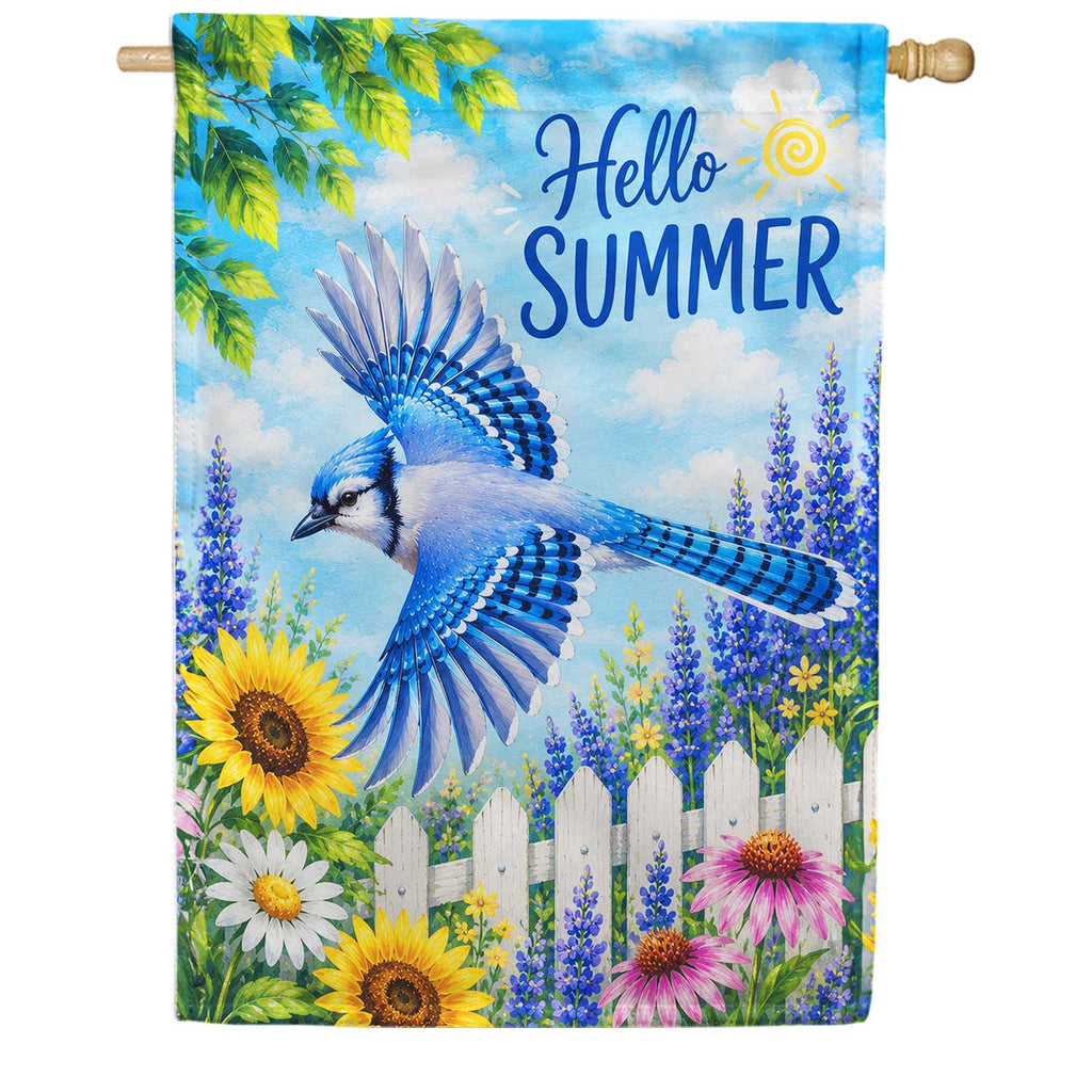 Hello Summer Blue Jay and Sunflowers House Flag