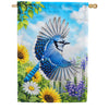 Blue Jay in Flight with Sunflowers House Flag