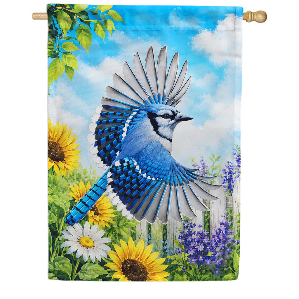Blue Jay in Flight with Sunflowers House Flag