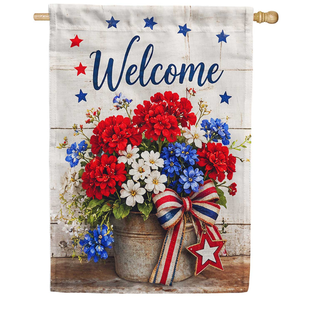 Patriotic Welcome Floral Bucket Red White Blue Garden Flag