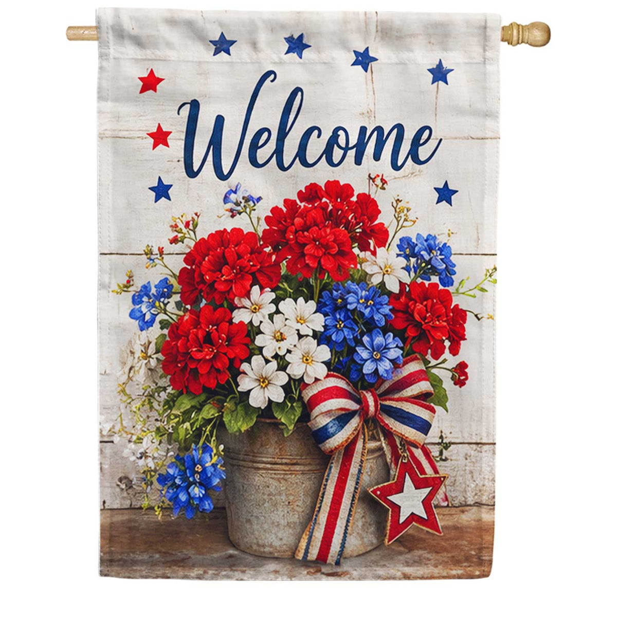 Patriotic Welcome Floral Bucket Red White Blue Garden Flag