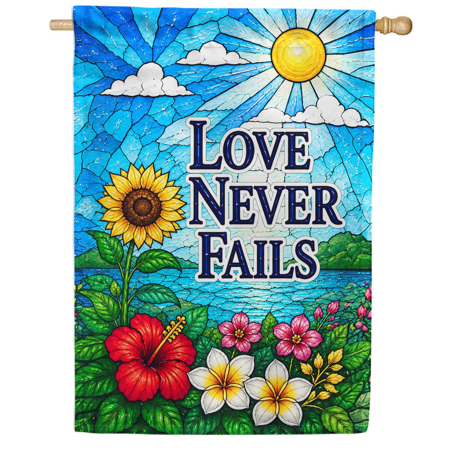 Love Never Fails Stained Glass Floral House Flag