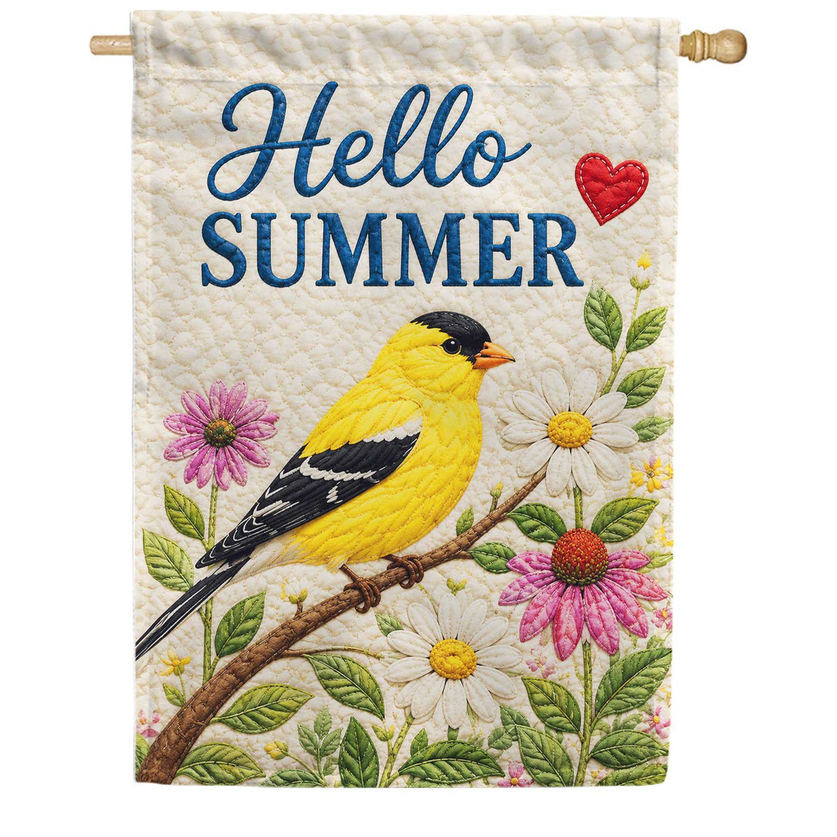 Hello Summer Yellow Goldfinch Floral House Flag
