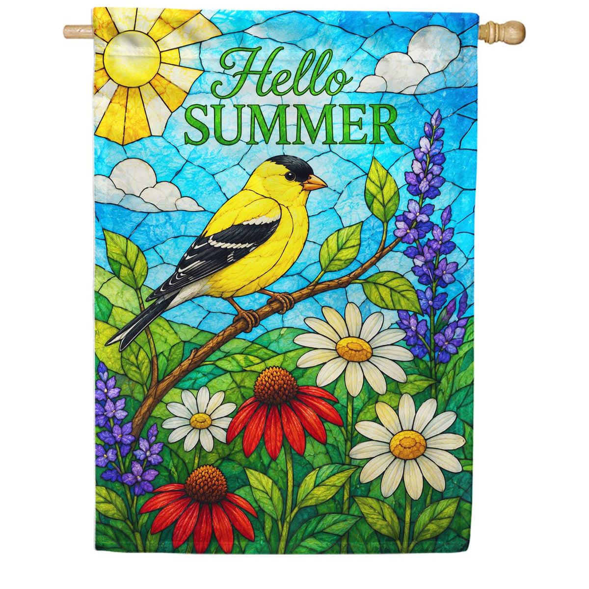 Hello Summer Goldfinch Stained Glass Floral House Flag