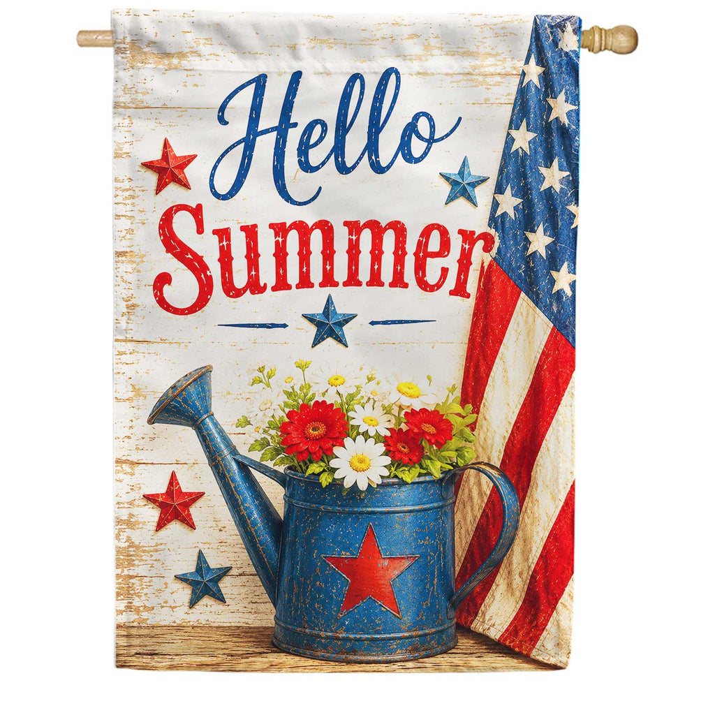 Hello Summer Patriotic Watering Can Floral House Flag