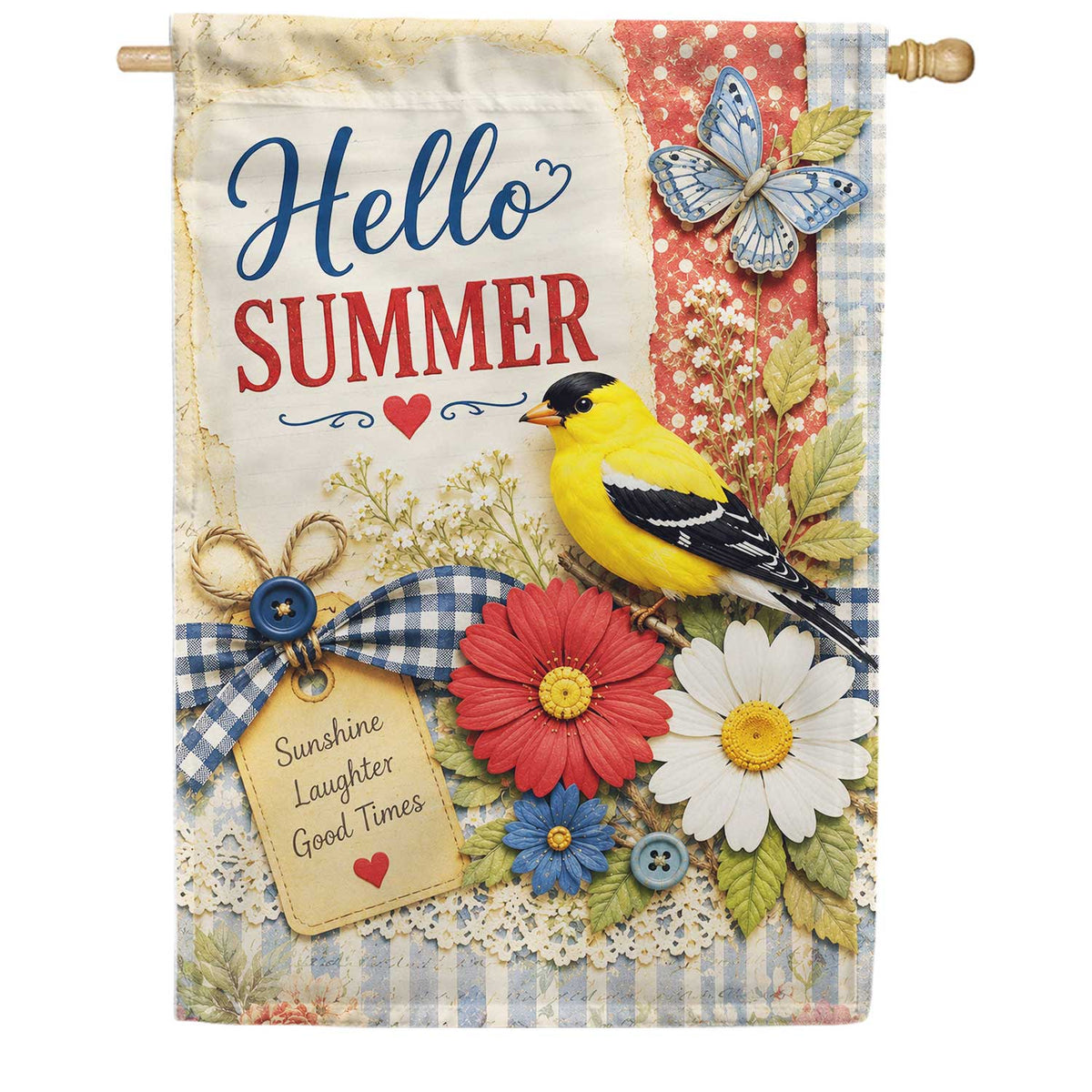 Hello Summer Goldfinch Floral Welcome House Flag