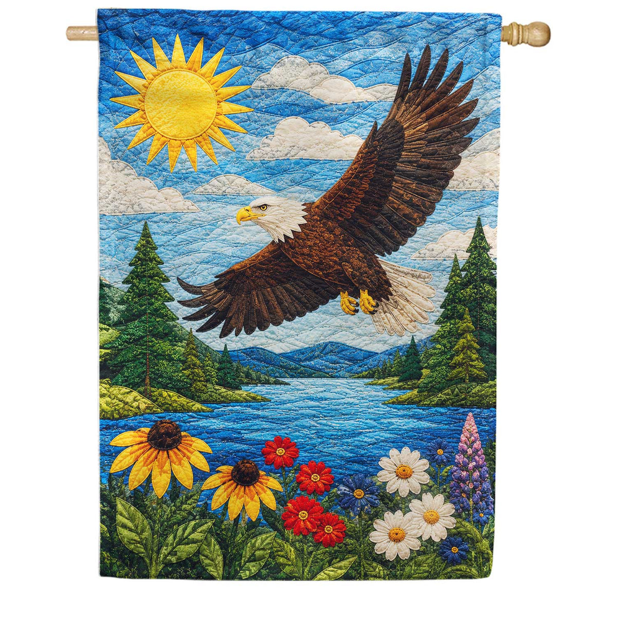 Quilted Bald Eagle Soaring Over Mountain Lake House Flag