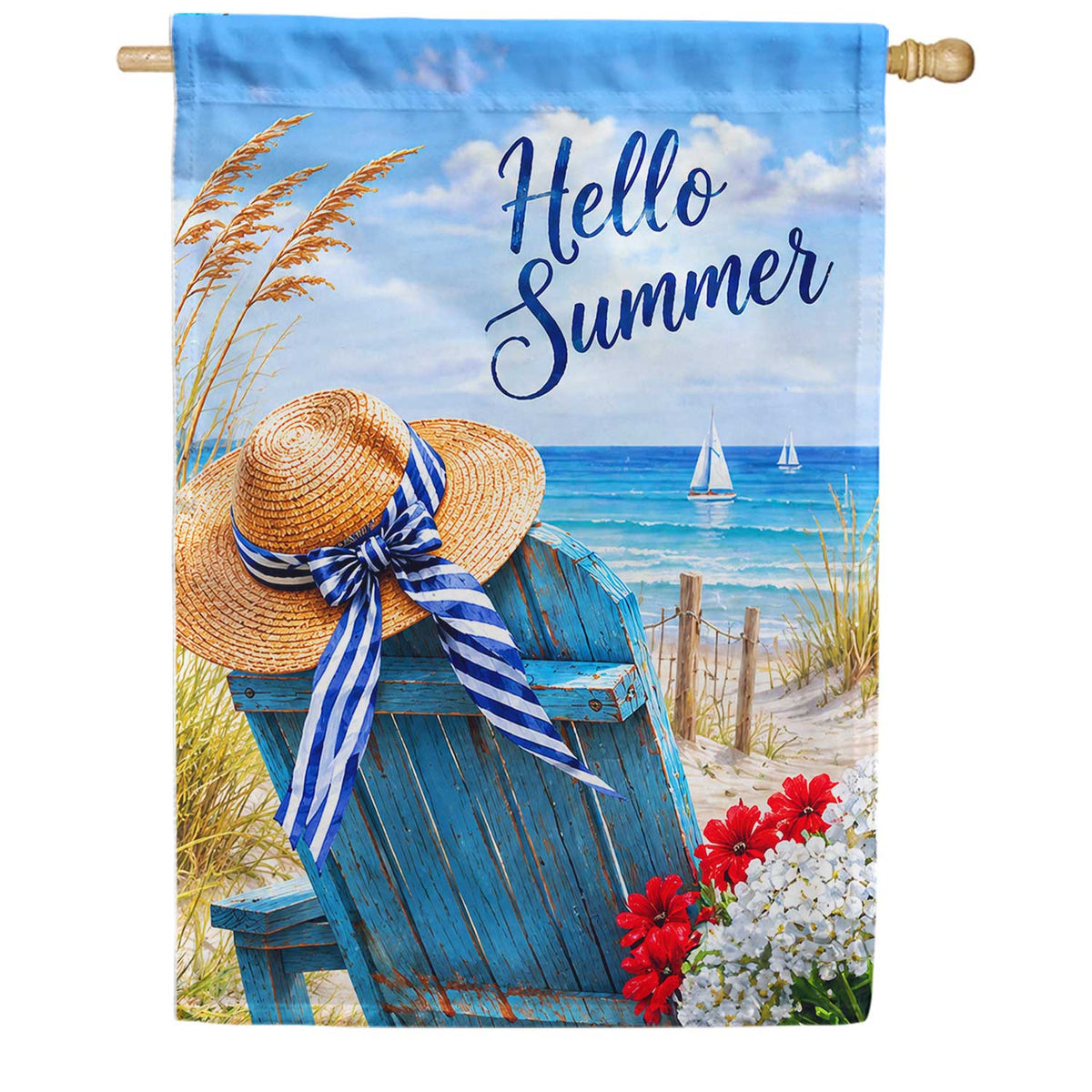 Hello Summer Beach Chair Coastal House Flag