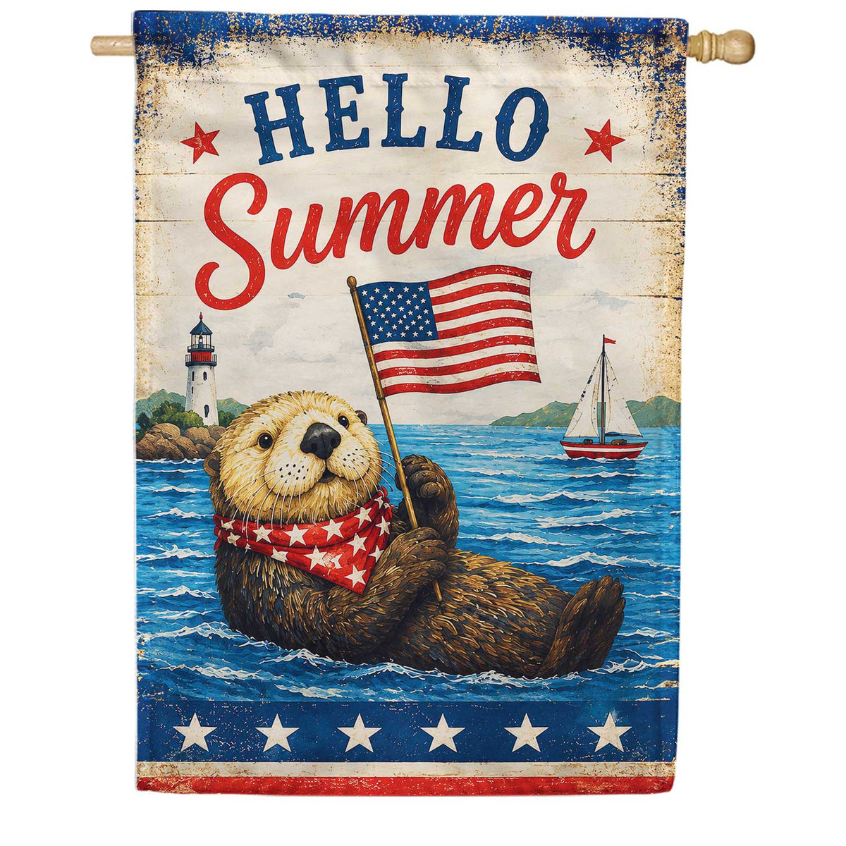 Hello Summer Patriotic Otter with American Flag House Flag
