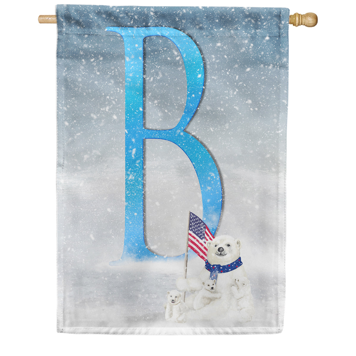 Polar Bear Snow Family Double Sided Monogram House Flag