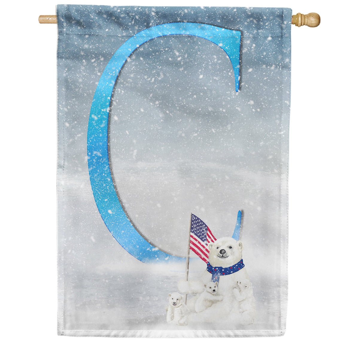 Polar Bear Snow Family Double Sided Monogram House Flag