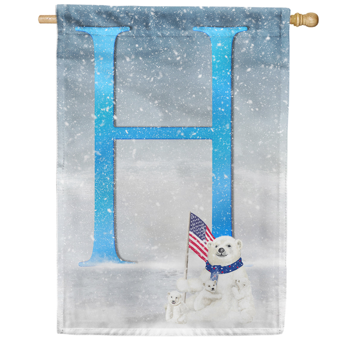 Polar Bear Snow Family Double Sided Monogram House Flag