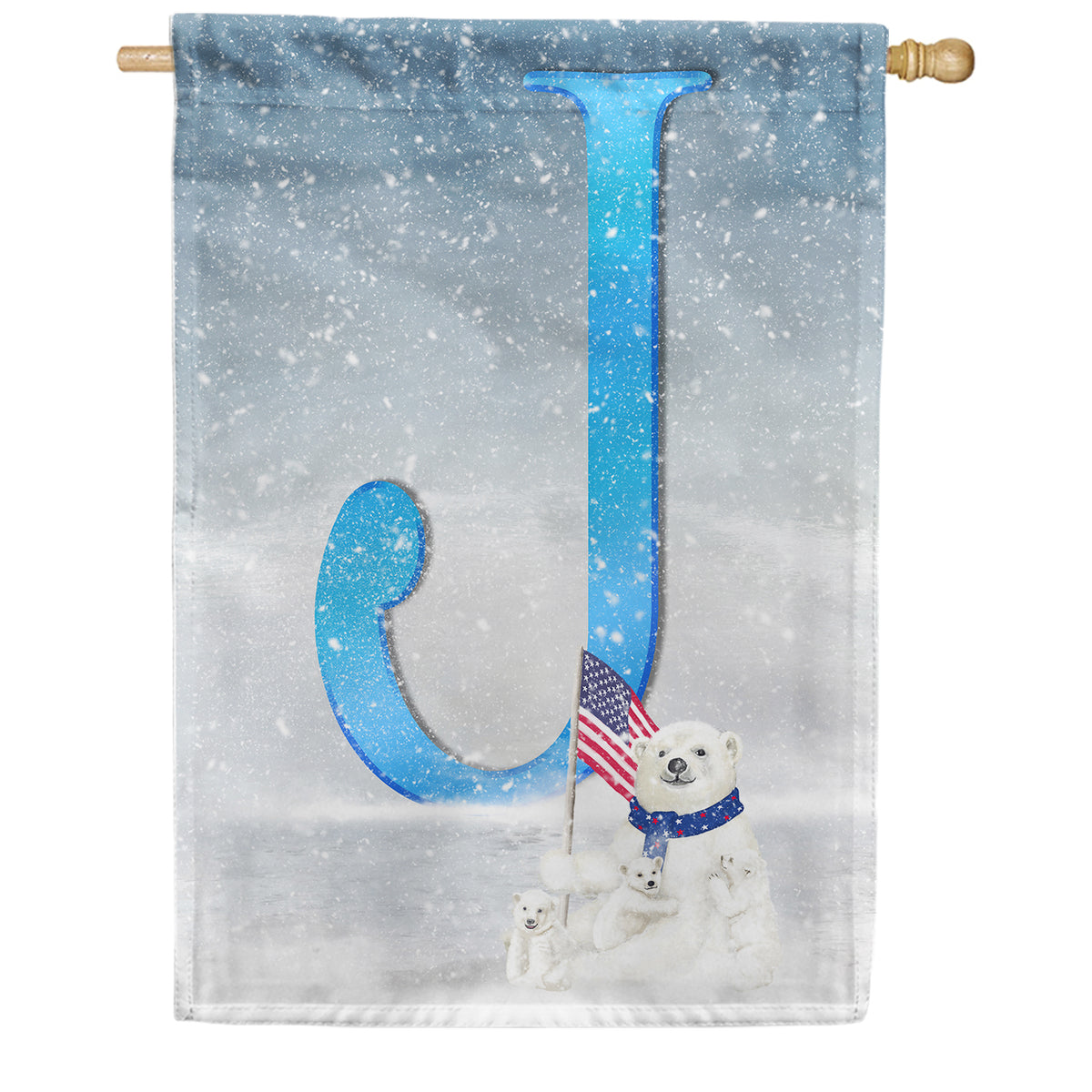 Polar Bear Snow Family Double Sided Monogram House Flag
