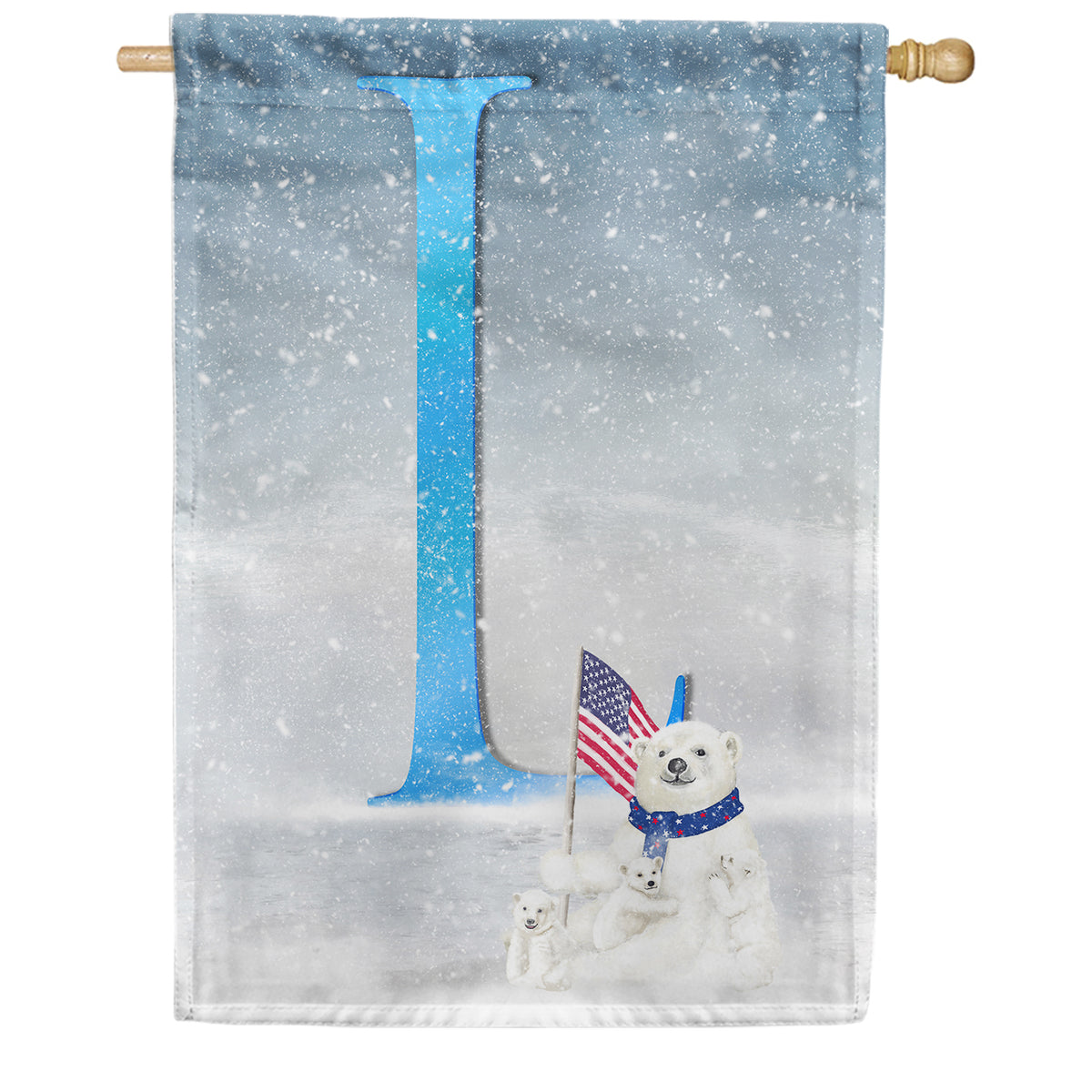 Polar Bear Snow Family Double Sided Monogram House Flag