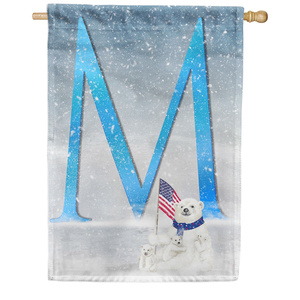 Polar Bear Snow Family Double Sided Monogram House Flag