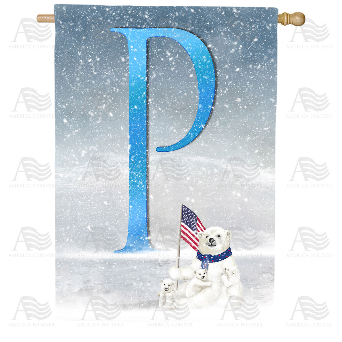 Polar Bear Snow Family Double Sided Monogram House Flag
